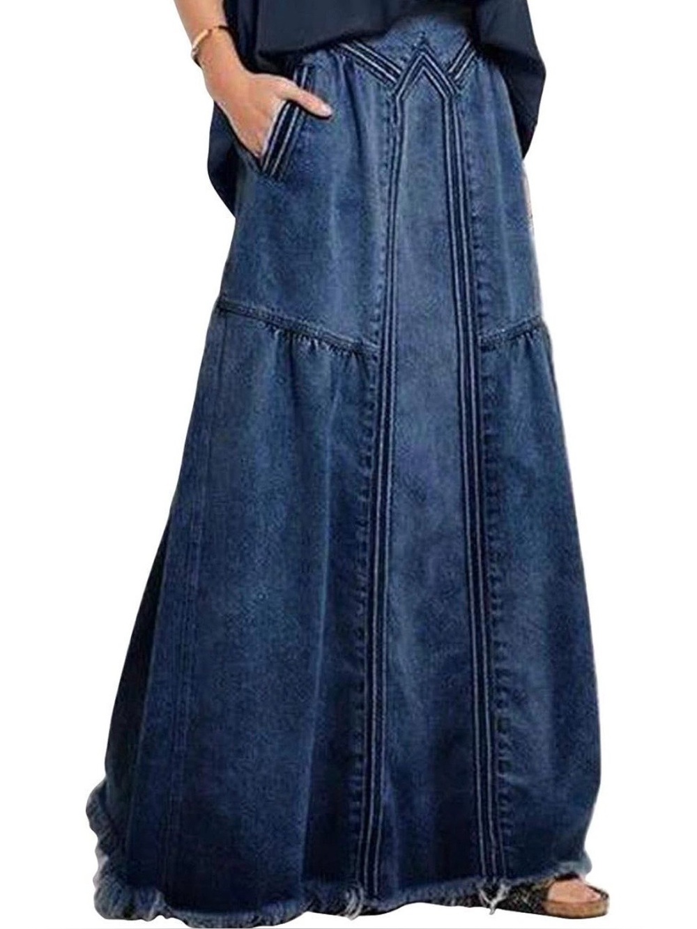 Denim Maxi Skirt with Front Paneling and Pockets - Dark Blue